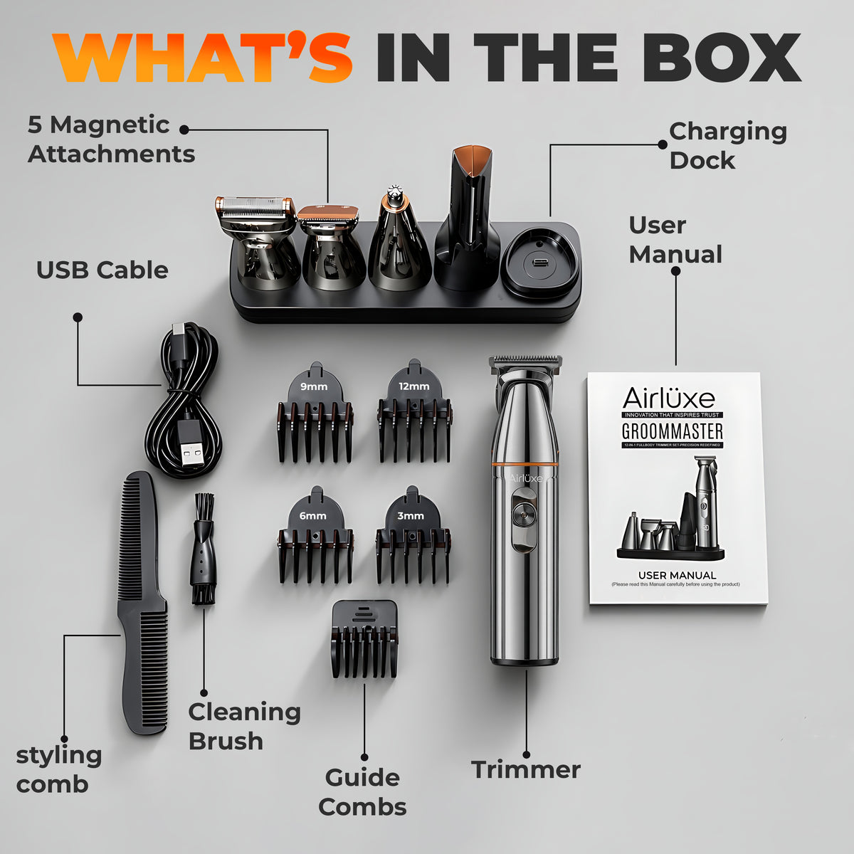 Airluxe GroomMaster 12-in-1 Multi Grooming Kit with case for Men Beard, Body, Hair, Nose & Ear | Full Body | Suitable for private parts