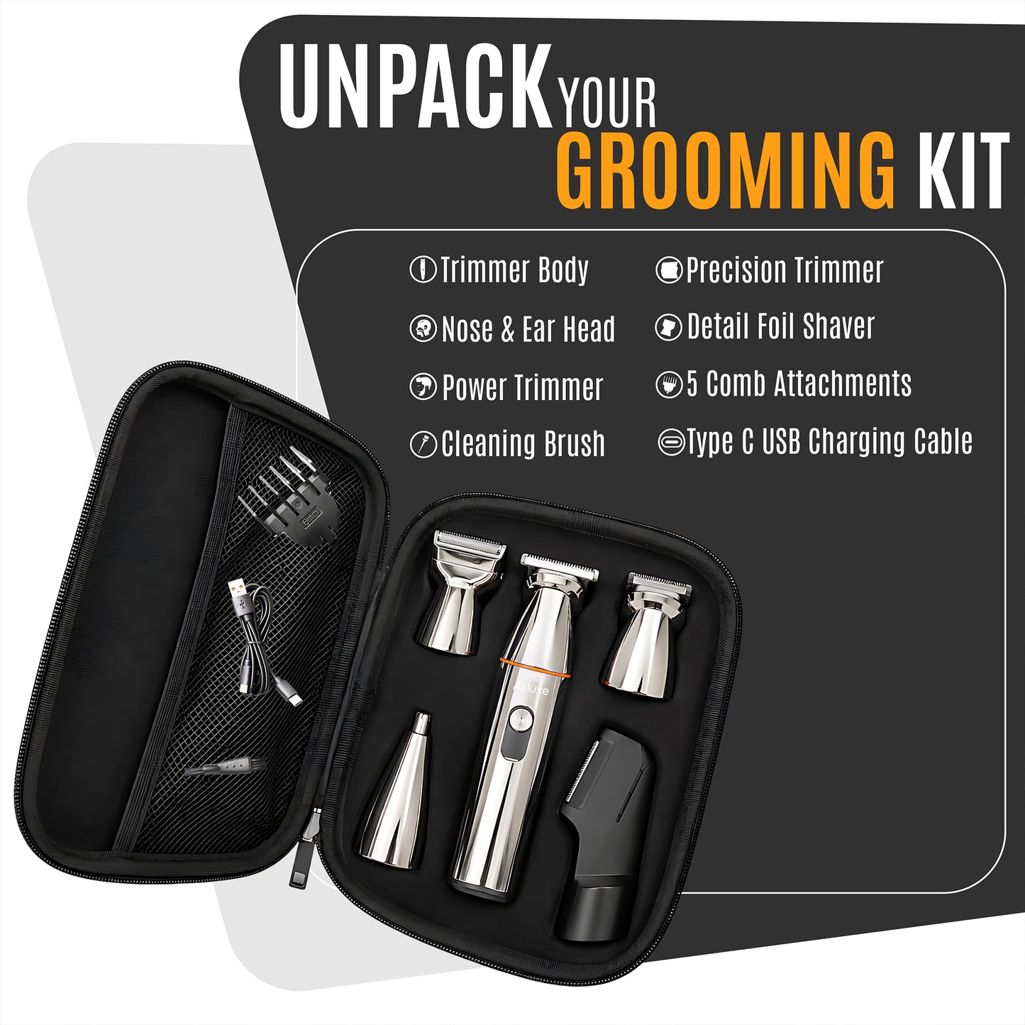 Airluxe GroomMaster 12-in-1 Multi Grooming Kit with case for Men Beard, Body, Hair, Nose & Ear | Full Body | Suitable for private parts